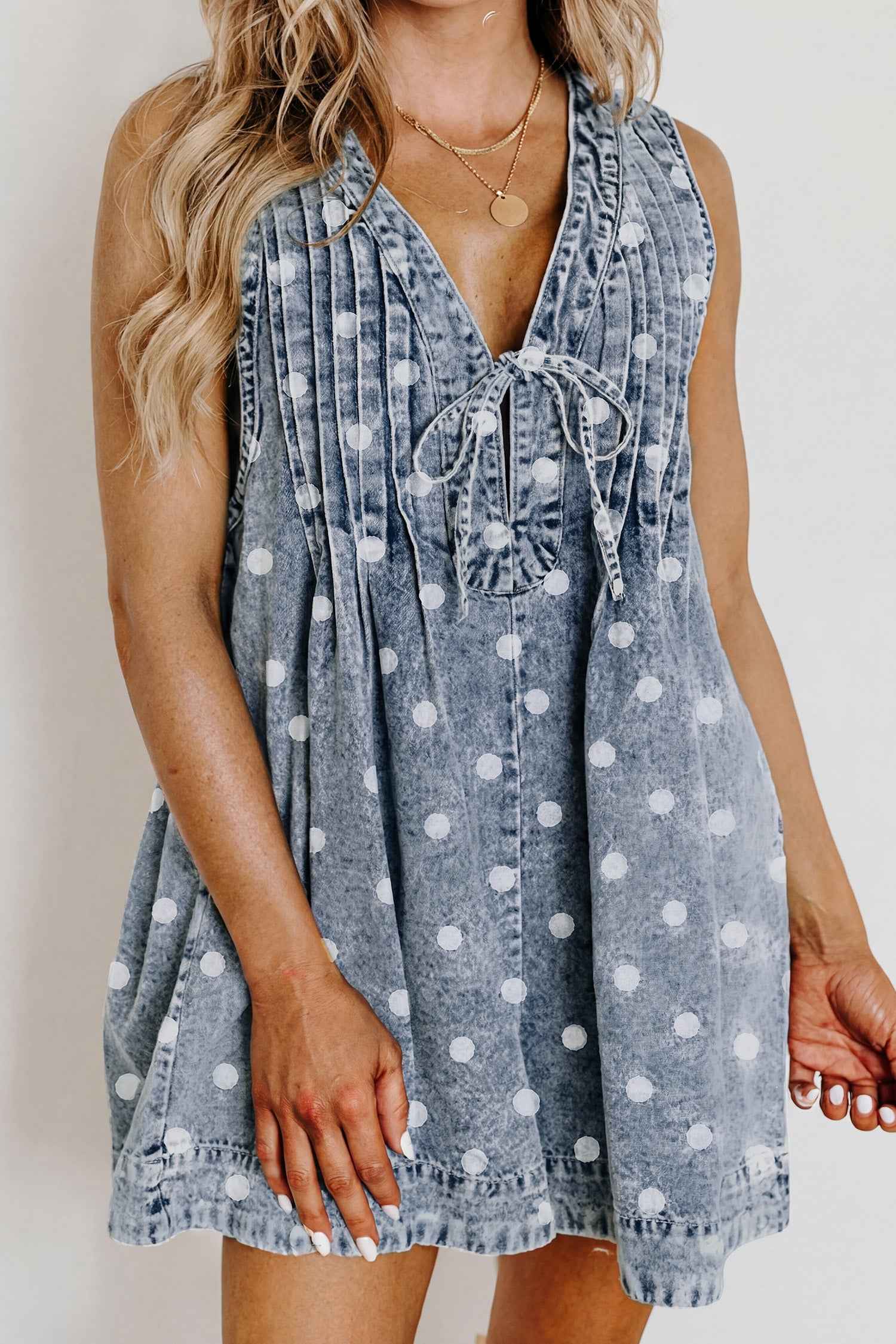 Sky Blue Polka Dot Print Tie V Neck Pleated Loose Denim Romper