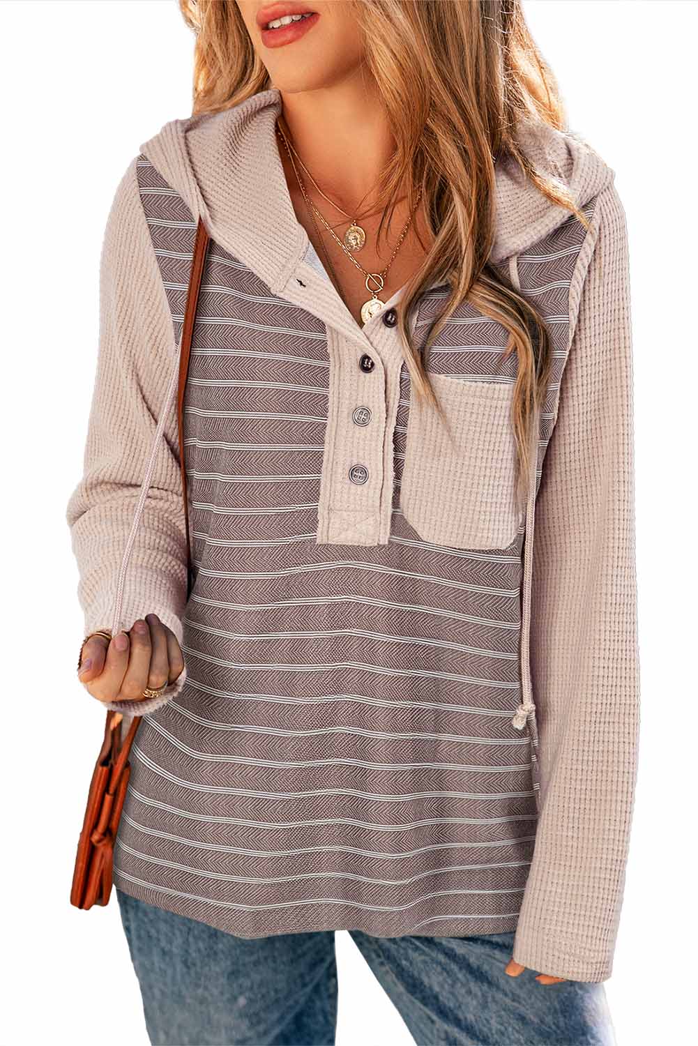 Gray Textured Knit Waffle Patchwork Striped Henley Hoodie