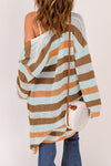 Black Striped Color Block Casual Hollow Cable Knit Cardigan