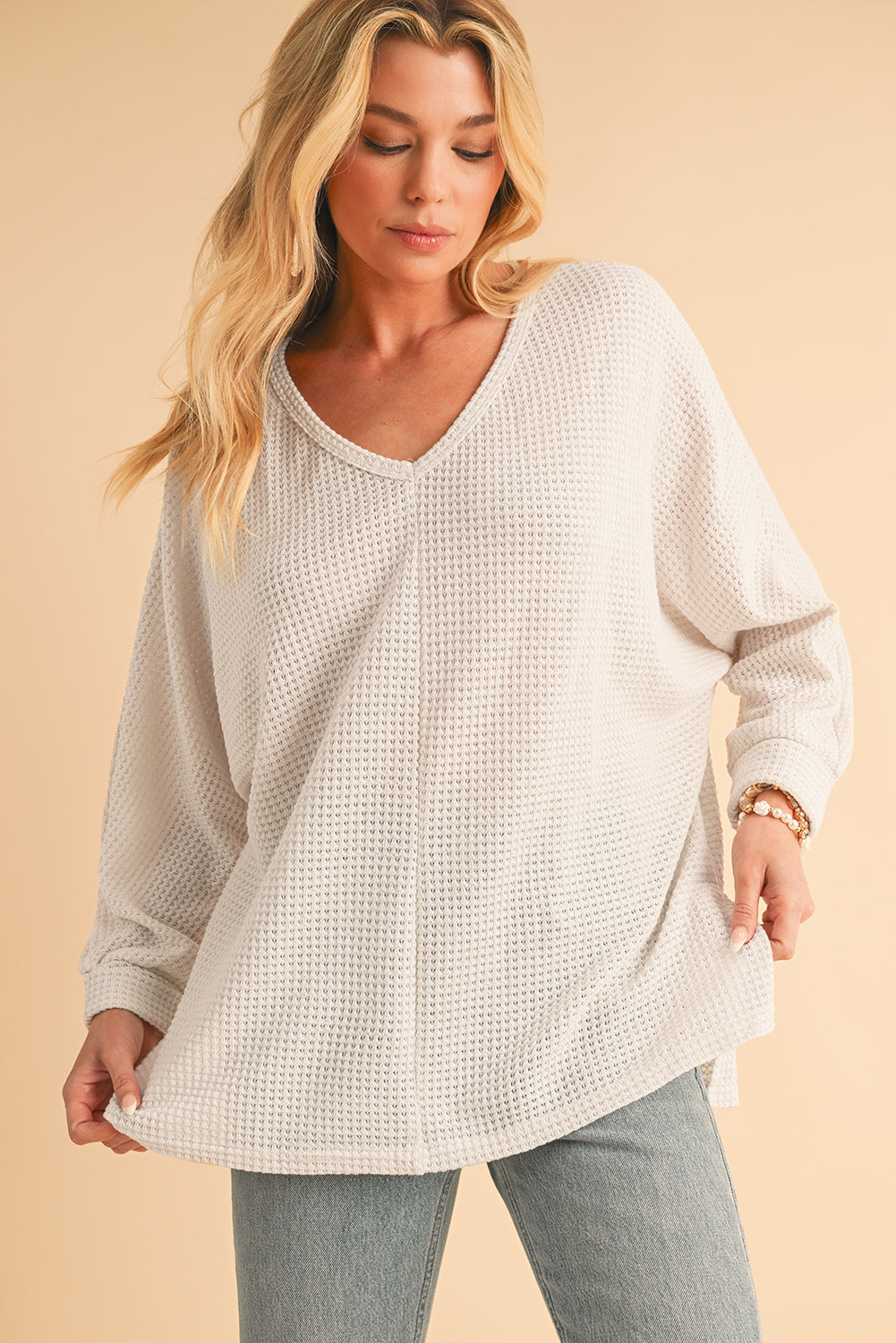 White Waffle Knit Side Slits Loose Fit V Neck Top