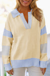 Sky Blue Striped V Neck Collared Colorblock Patchwork Sweater