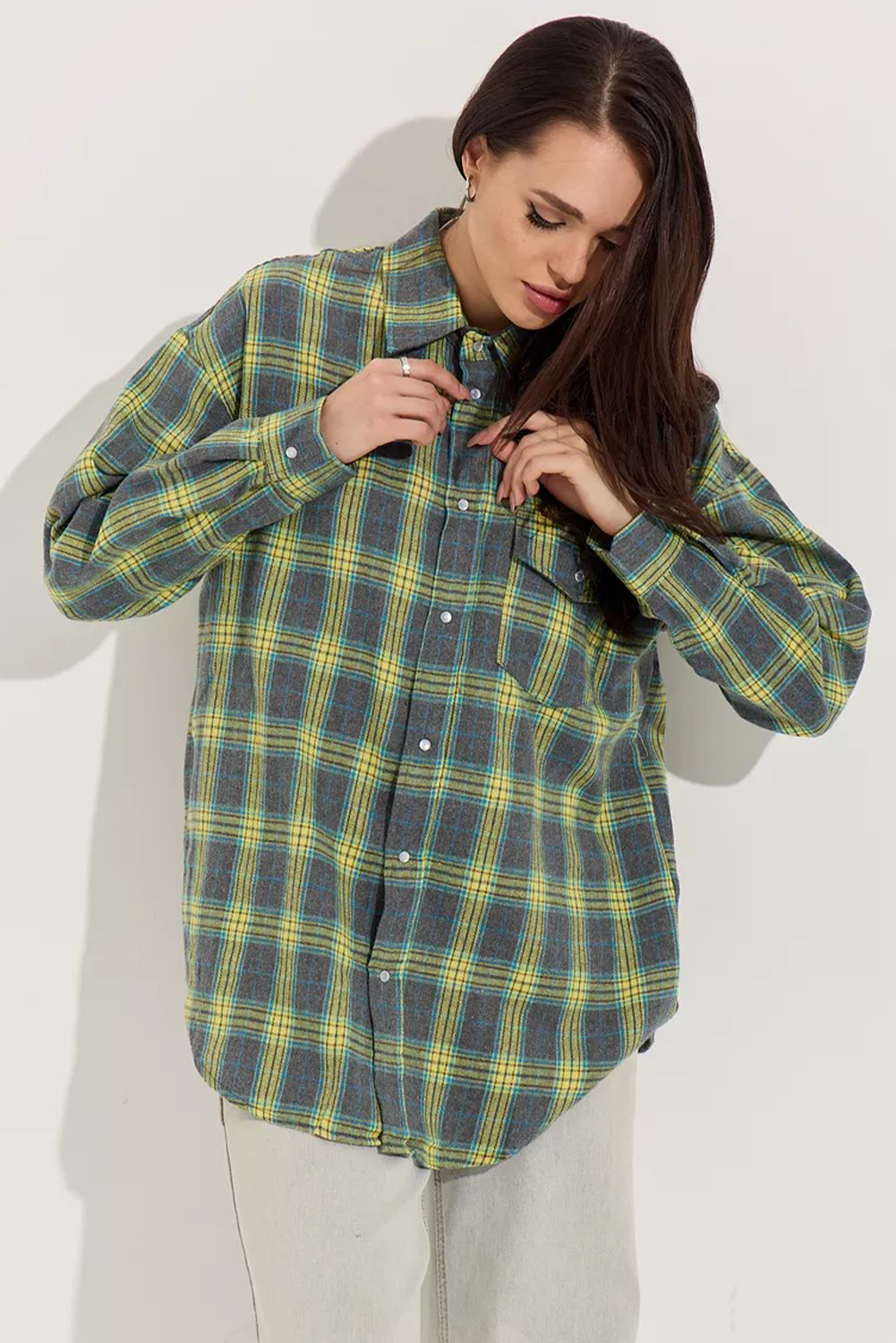 Green Plaid Print Long Sleeve Pocket Shirt