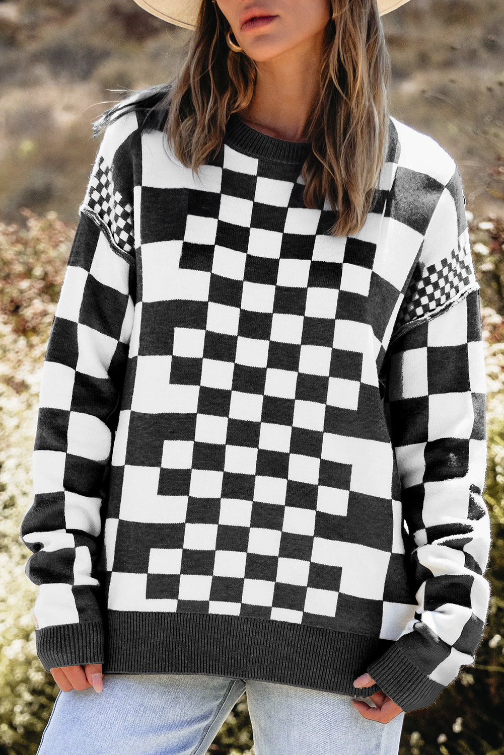 Carrot Checkered Drop Shoulder Round Neck Sweater