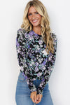 Black Allover Floral Print Mesh Long Sleeve Top