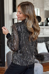 Black Sequin Tassel Button-Up Shirt