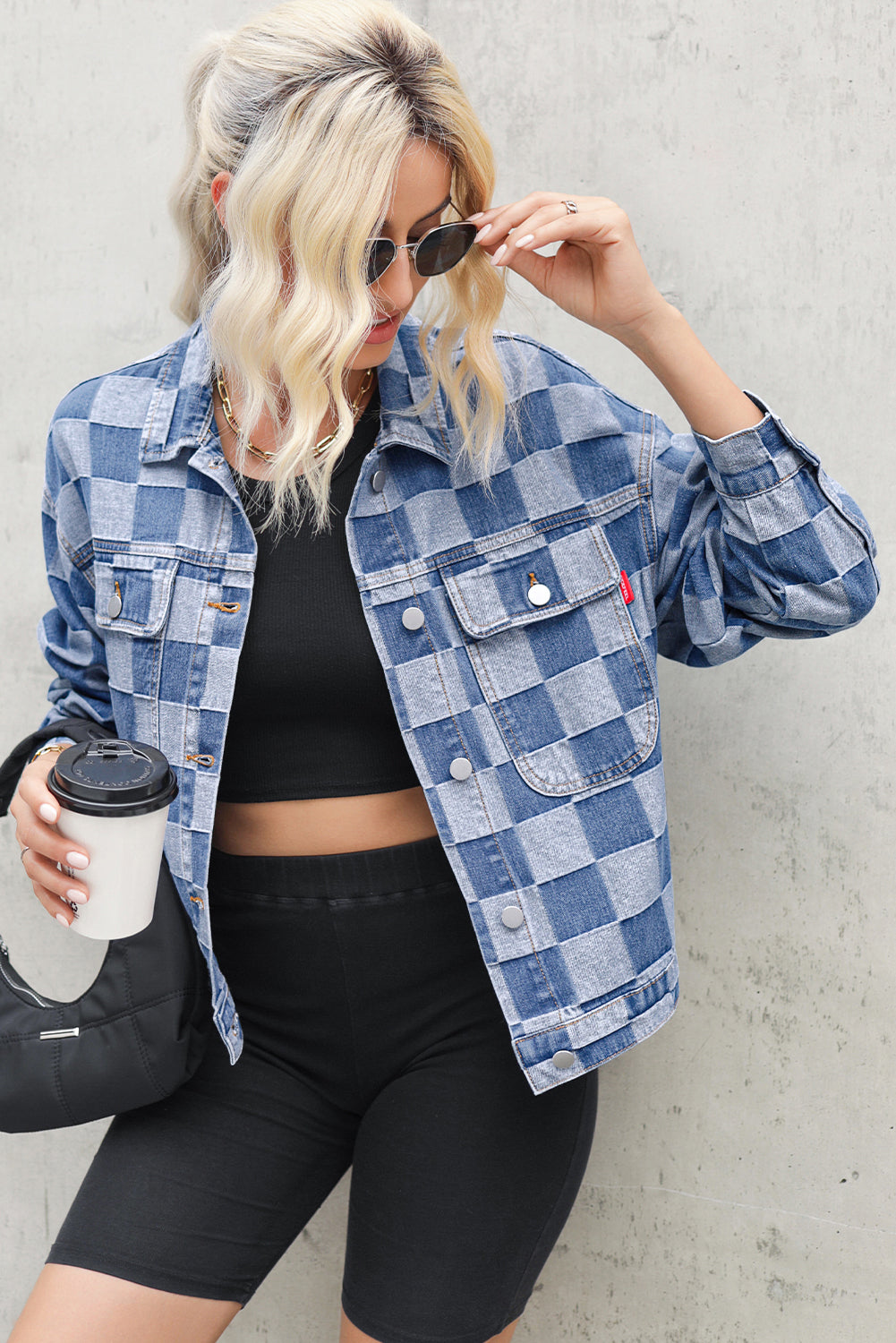 Light Blue Checkered Patchwork Button Up Denim Jacket