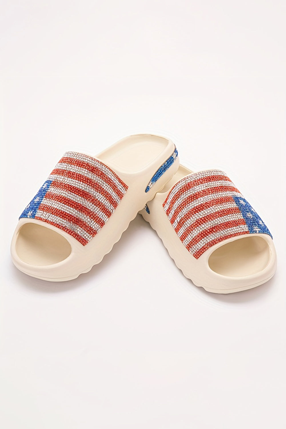 White Rhinestone American Flag Thick Sole Slides Shoes