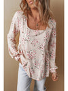 Pink Floral Print Pleated U Neck Loose Fit Blouse