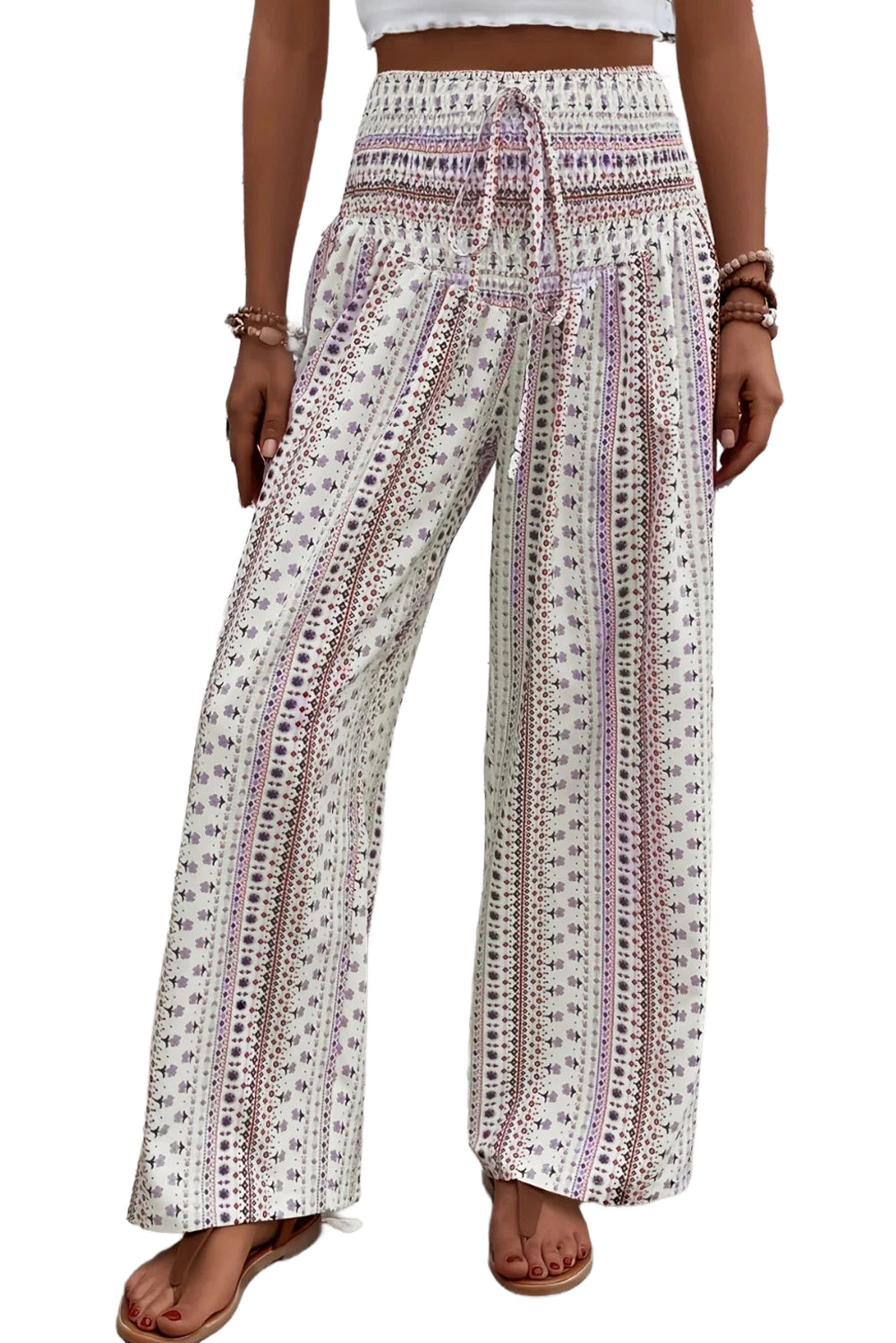 White Floral Print High Waist Drawstring Wide Leg Pants