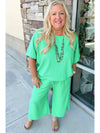 Mint Green Textured Batwing Sleeve Tee & Wide Leg Pants Plus Size Set