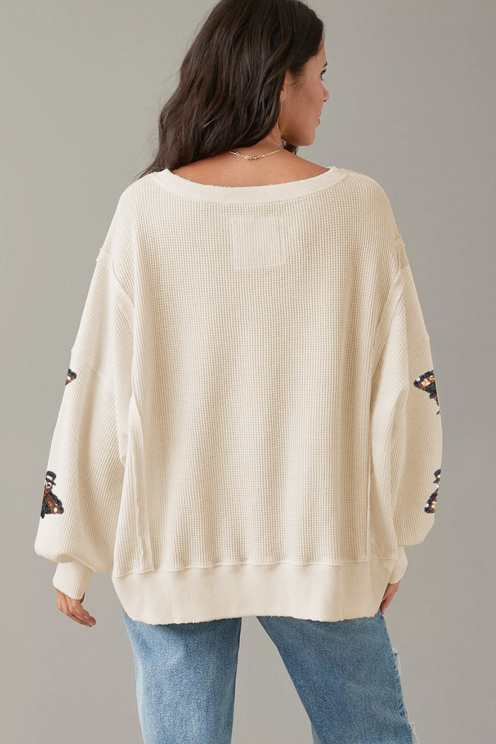 White SequinsTurkey Waffle Oversized Knit Long Sleeve Top