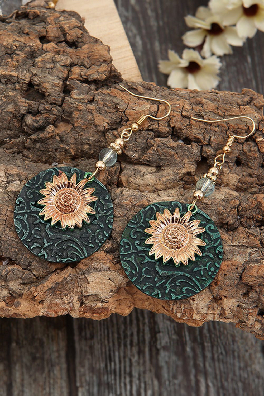 Real Teal Retro Sunflower Disc Alloy Dangle Earrings