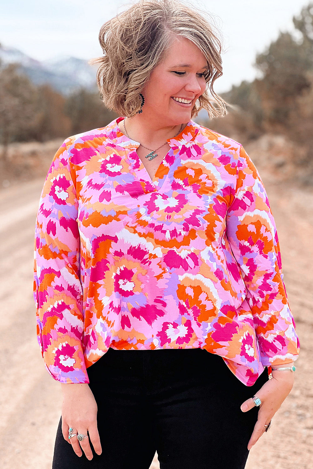 Pink Plus Size Abstract Print V Neck Blouse