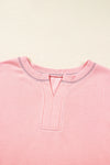 Apricot Pink Exposed Seam Colorblock Patchwork Split Cuffs Oversized Sweatshirt