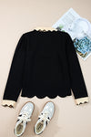 Black Scallop Trim Colorblock Long Sleeve Collared Top