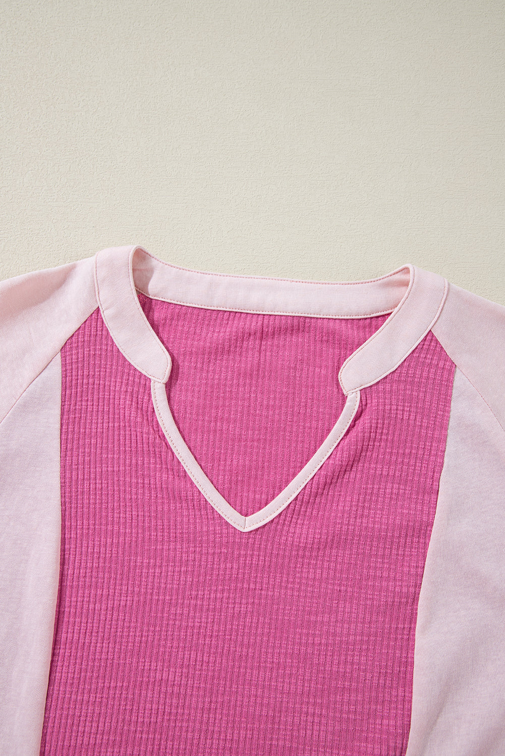 Bright Pink Ribbed Patchwork 3/4 Sleeve V Neck Loose Top