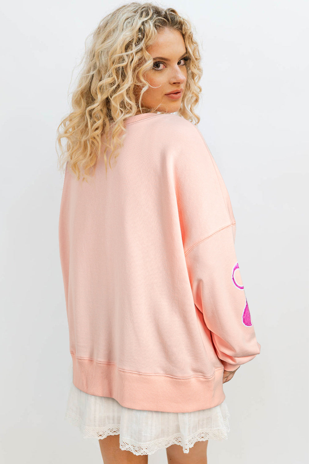 Apricot Pink Sequin Bow Drop Shoulder Oversized Sweatshirt