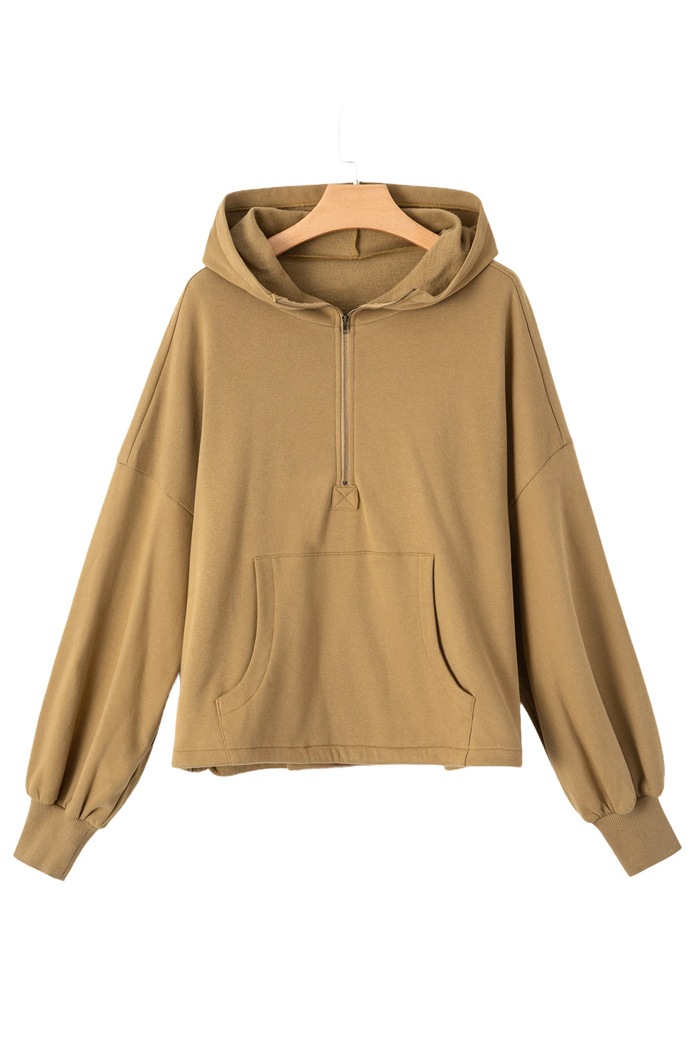 Smoke Green Half Zipper Kangaroo Pockets Drop Shoulder Hoodie