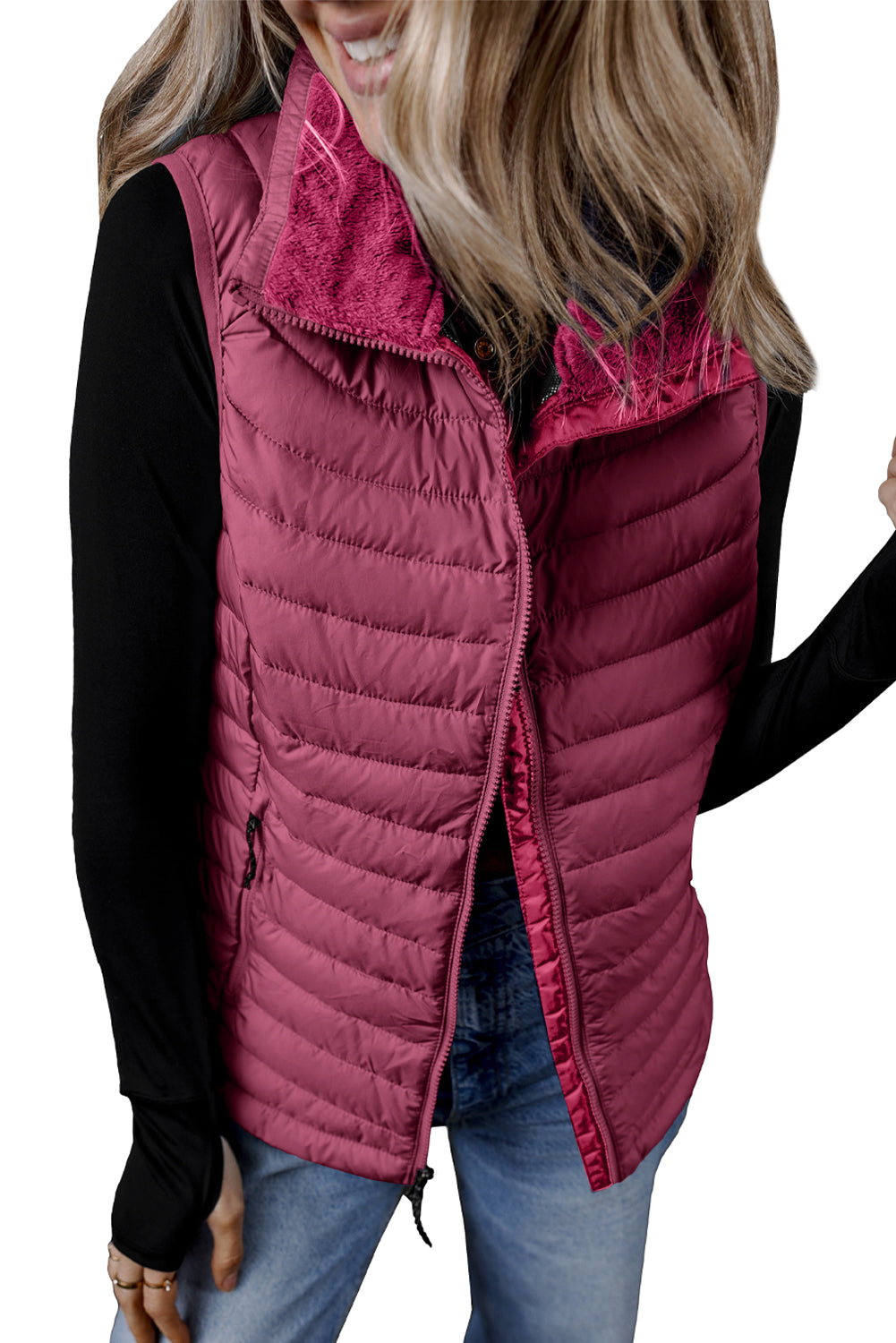 Sky Blue Plush Collared Quilted Zipped Puffer Vest