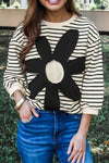 Black White Striped 60s Flower 3/4 Sleeve Top