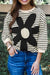 Black White Striped 60s Flower 3/4 Sleeve Top