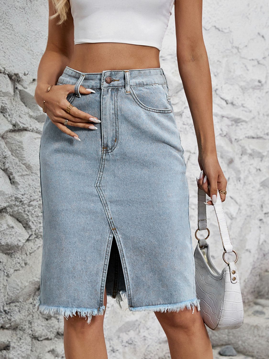 Raw Hem Slit Denim Skirt