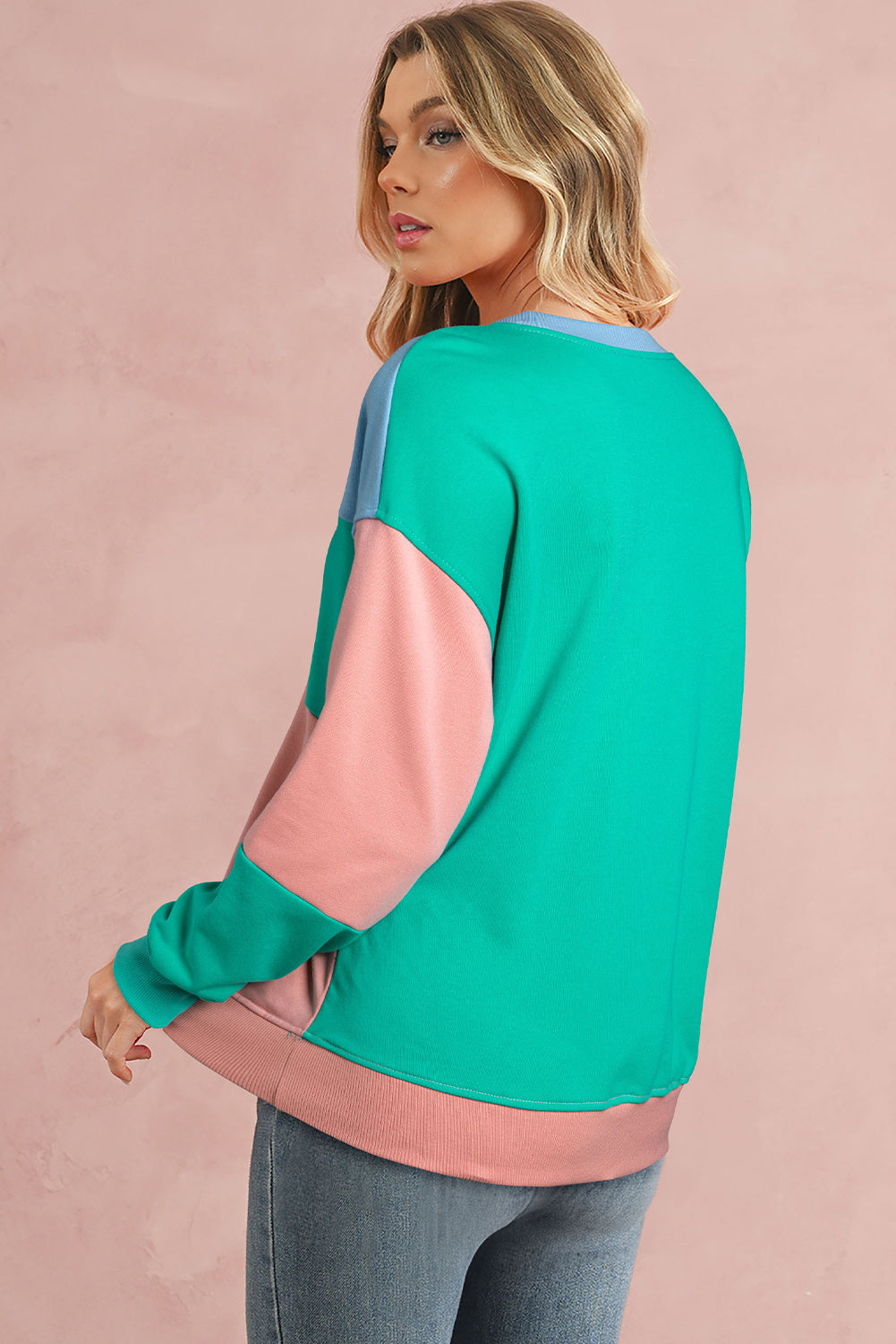 Sky Blue Colorblock Drop Shoulder Sweatshirt