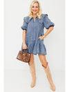 Dusk Blue Ruffle Collar Side Pockets Puff Sleeve Denim Mini Dress