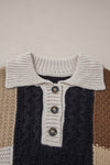 Multicolor Colorblock Cable Knit Sleeve Buttons Collared Sweater