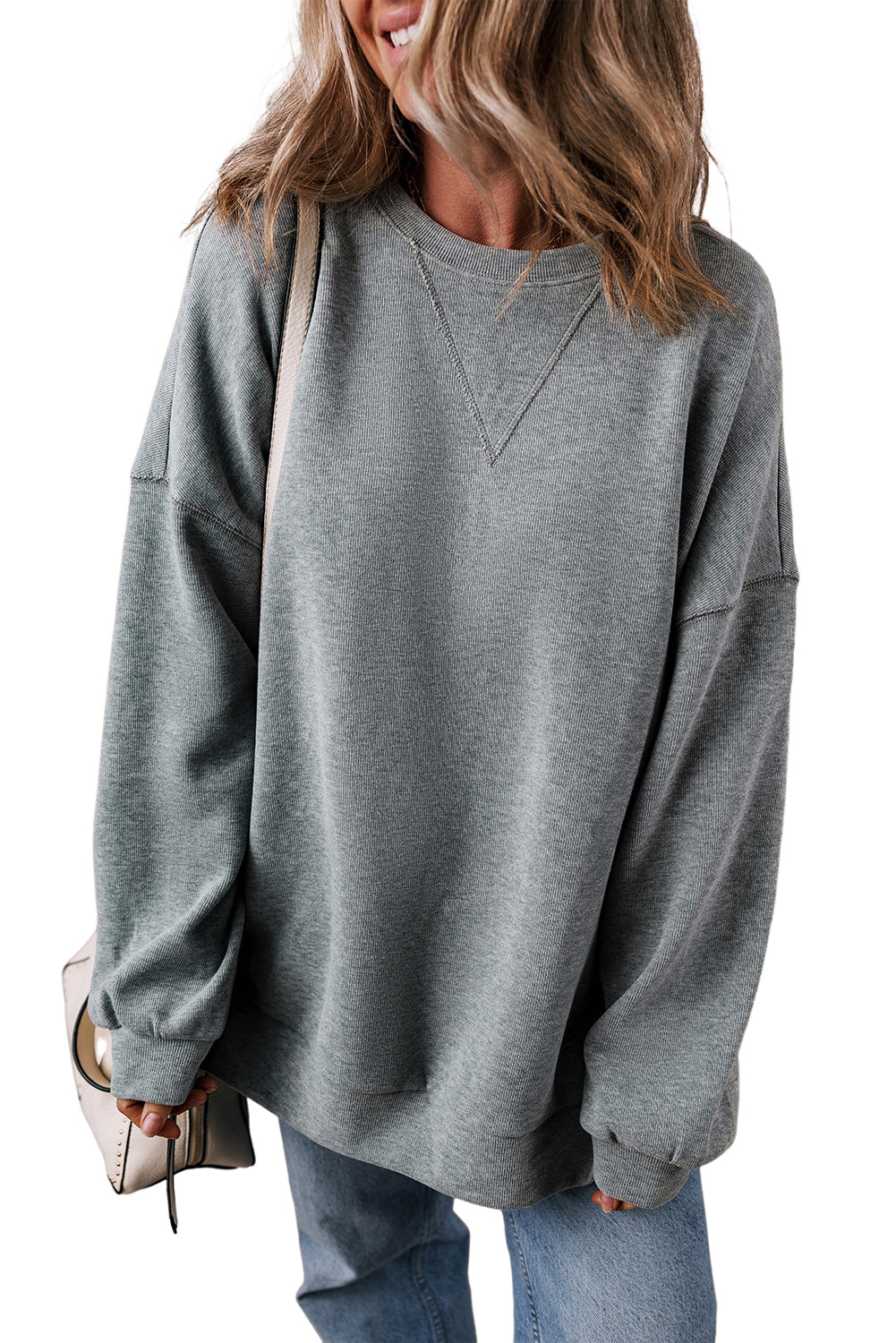 Medium Grey Side Split Drop Shoulder Oversized Long Sleeve Top