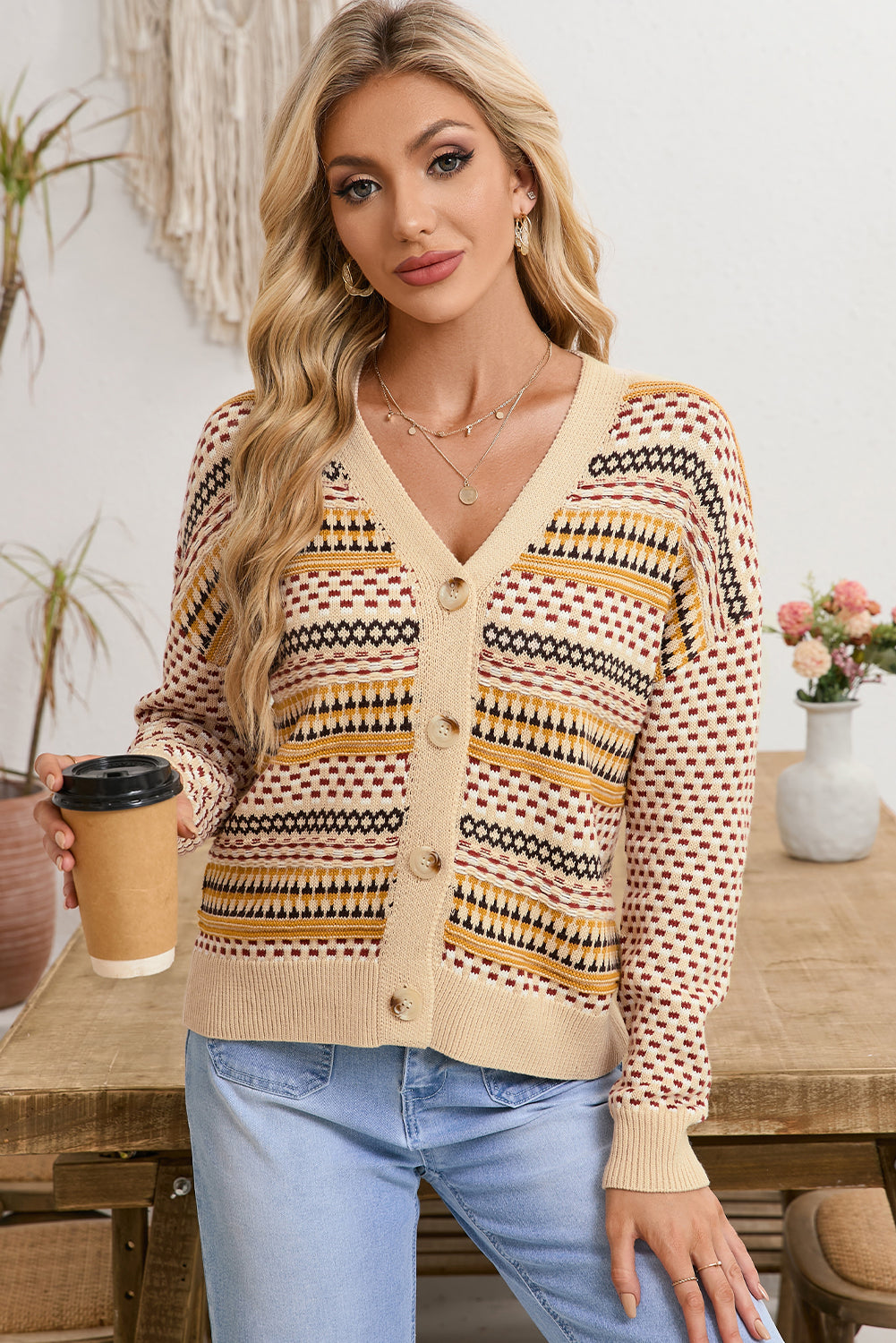 Khaki Geometric Pattern Button Front V Neck Cropped Cardigan