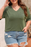 Black Twist Corded V-Neck Plain Plus T-Shirt