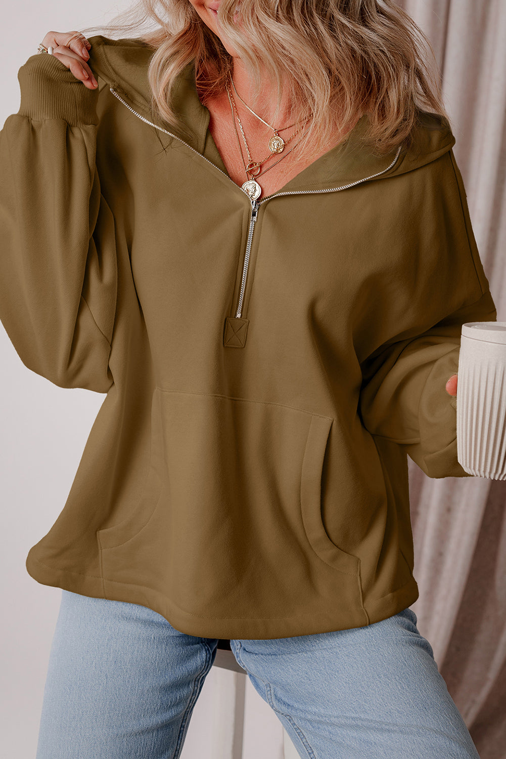 Smoke Green Half Zipper Kangaroo Pockets Drop Shoulder Hoodie