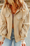 Tan Bishop Sleeve Zip Up Flap Pockets Hoodie Jacket