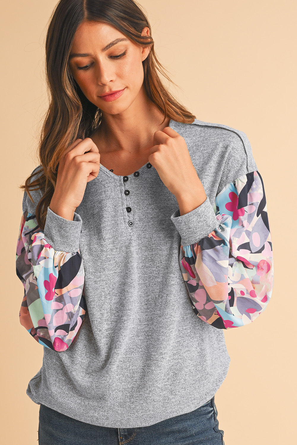 Gray Floral Splicing Lantern Sleeve Buttoned V Neck Top