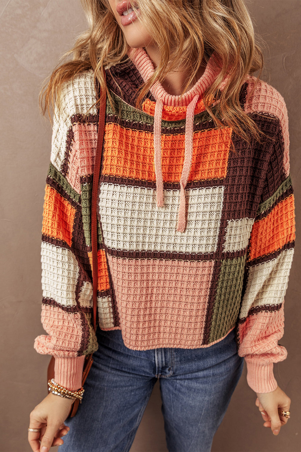 Sweaters Orange Color Block Waffle Knit Drawstring Mock Neck Sweater.