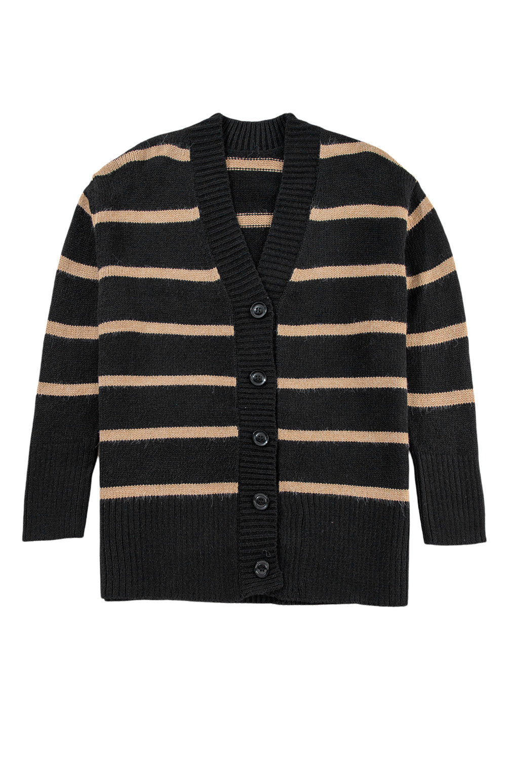 Black Stripe Buttoned V Neck Drop Shoulder Loose Cardigan