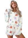 White 60s Floral Print Henley Top & Drawstring Shorts Loungewear Set