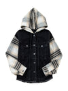 Black Patchwork Plaid Sleeve Frayed Hem Hooded Denim Jacket