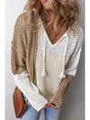 Brown Colorblock Hollow-out Tie V Neck Lightweight Sweater