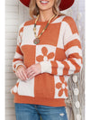 Brown 60s Floral Checkered and Striped Knitted Pullover Sweater - Cocoa Yacht Club