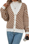 Brown Checkered Striped Patched Buttoned V Neck Cardigan