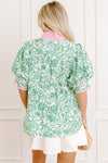 Green Leaves Pattern Colorblock V Neck Puff Sleeve Blouse