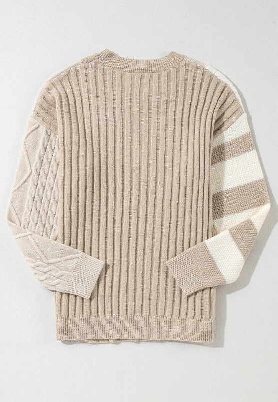 Cable-Knit Color Block Round Neck Sweater