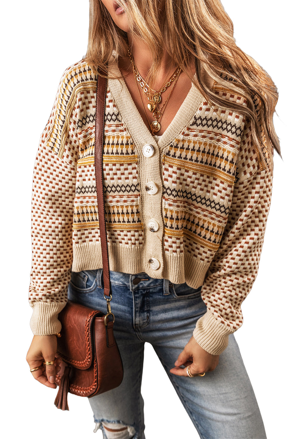 Khaki Geometric Pattern Button Front V Neck Cropped Cardigan