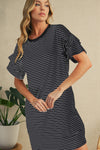 Green Stripe Ruffle Short Sleeve T Shirt Mini Dress