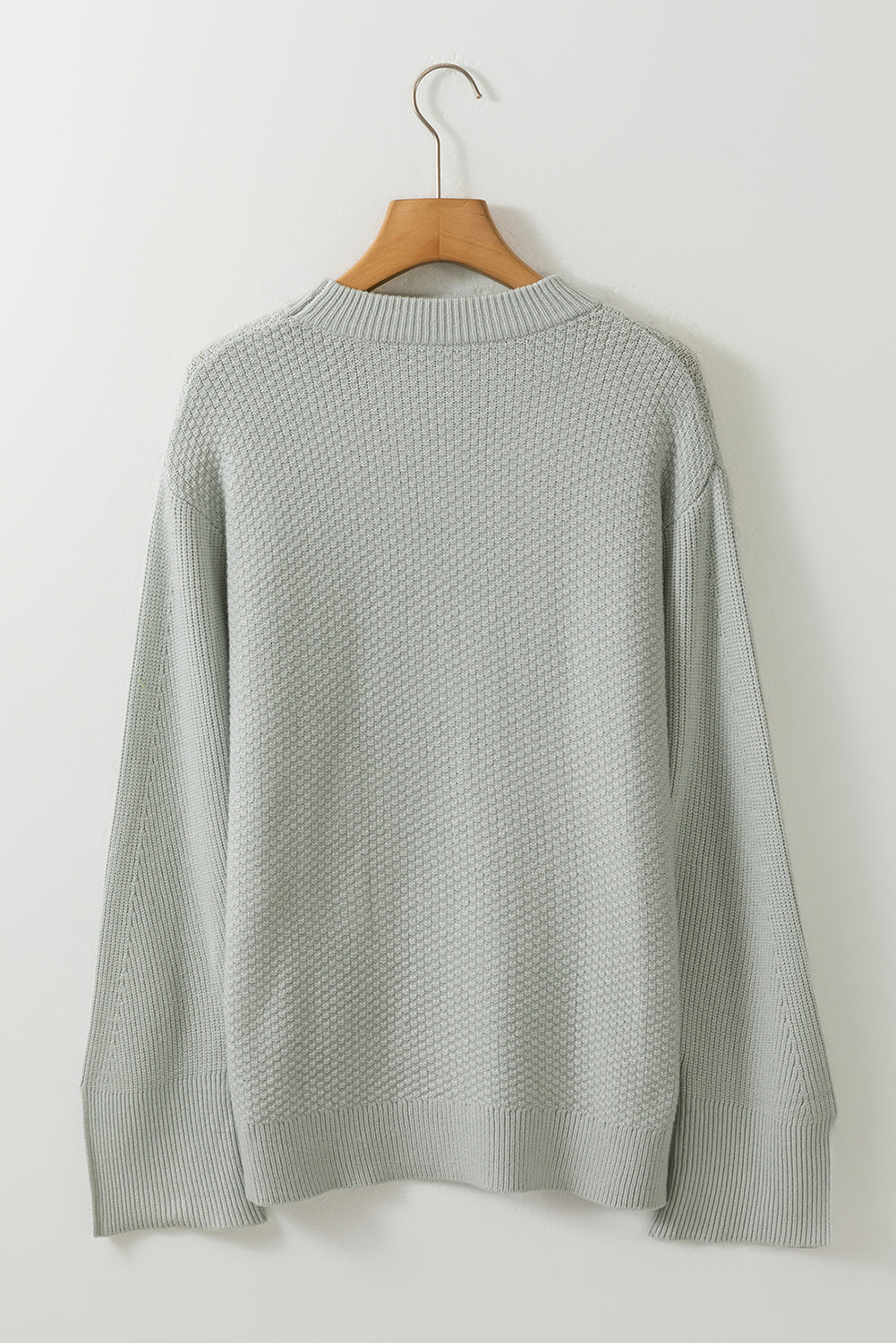 Gray Textured Knit Split Cuff Drop Shoulder Loose Sweater