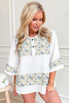 Sky Blue Floral Print Crinkle Patchwork Henley Blouse
