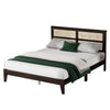 Queen Size Rubber Wooden, Solid Wooden Bed with Rattan Headboard, Enhanced by Support Feet,Espresso