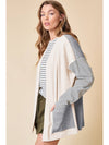 Black Striped Patchwork Pocket Open Front Cardigan